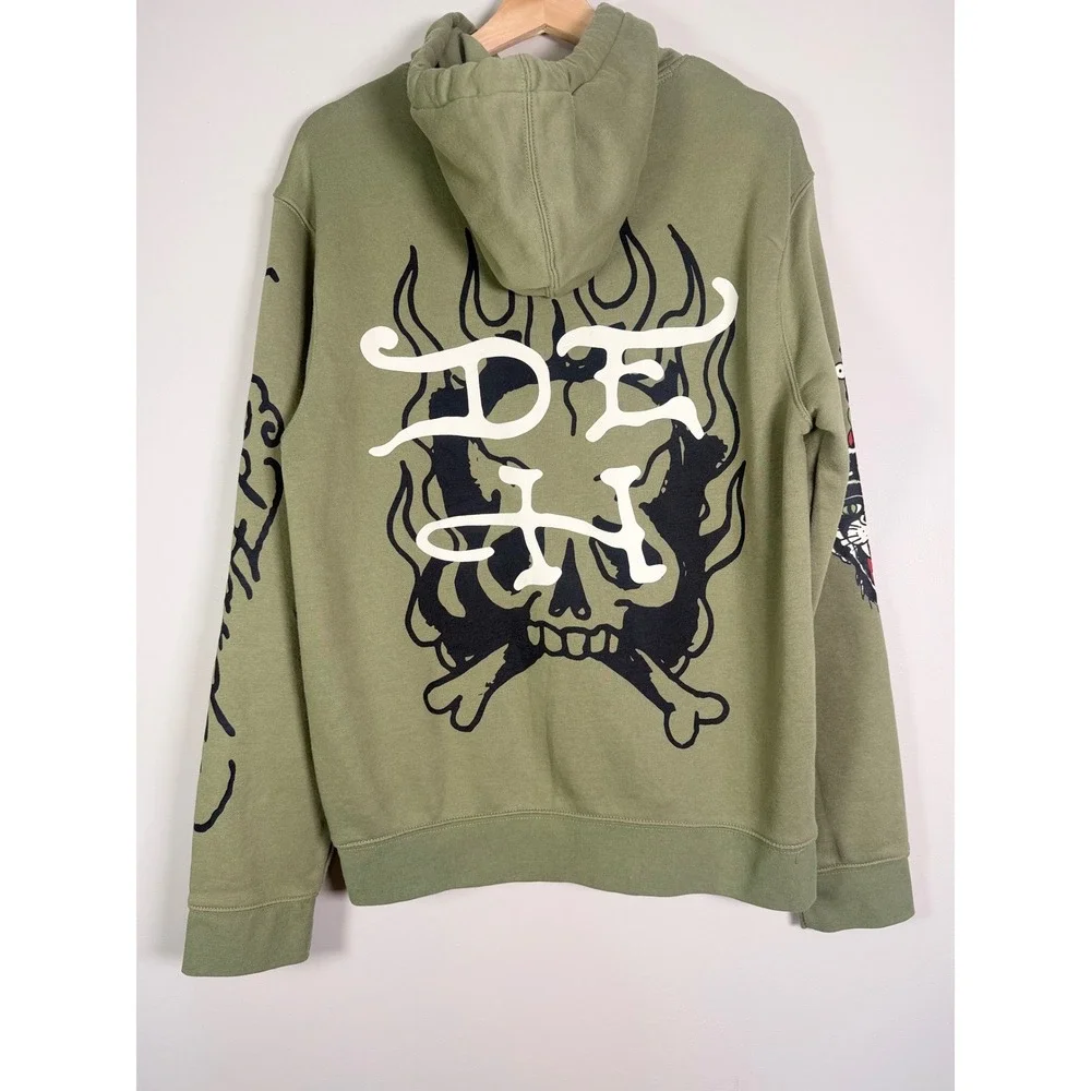 Ed‎ Hardy Mens Love Kills Slowly Tattoo Hoodie Olive Green Skull Graphic L Retro